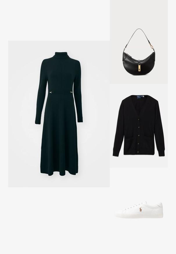 Schwarzer Cardigan mit V-Ausschnitt, langen Ärmeln, Knöpfen an der Vorderseite und zwei vorderen Taschen. Sanfte Textur und klassisches Fit-Design.; Schwarzes Strickkleid mit hohem Kragen, langen Ärmeln und taillierter Passform, betont durch ein goldfarbenes Hardware-Detail. Glatte Textur, knöchellang.; Weiße Leder-Sneaker, niedrig geschnitten, mit glatter Textur, runder Zehenpartie, Schnür vorne und kleinem gesticktem Logo an der Seite.; Schwarze Lederhandtasche in Halbmondform. Verfügt über eine goldene Hardware-Akzentuierung und einen schmalen Tragegurt. Sanfte Textur, Reißverschlussverschluss an der Oberseite.