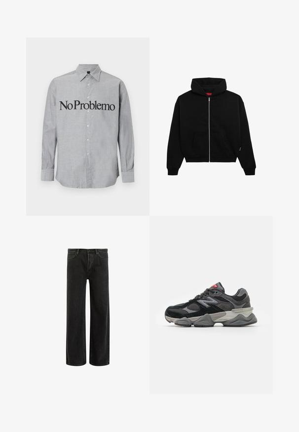 Czarna rozpinana bluza z kapturem, wykonana z miękkiego materiału, z kieszenią z przodu, ściągaczami przy mankietach oraz kapturem ze sznurkiem. Brak widocznych wzorów lub zdobień.; Szary koszulowy shirt z kołnierzykiem, długimi rękawami i dużym czarnym napisem "No Problemo" na przodzie. Gładka, lekka tkanina.; Czarne dżinsy o szerokich nogawkach z wysokim stanem, z klasycznym pięciopunktowym krojem oraz delikatnym wyblaknięciem dla uzyskania teksturowanego wyglądu.; Czarno-szare sneakersy z połączeniem materiałów zamszowych i siateczkowych, gruba podeszwa, wyraźne logo oraz czerwony akcent na języku.