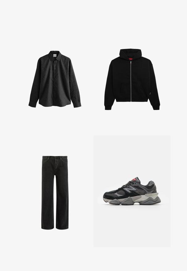 Schwarze Steppjacke mit Reißverschluss aus weichem Stoff, mit einer Vorderjacke, gerippten Bündchen und einer Kapuze mit Kordelzug. Keine sichtbaren Muster oder Akzente.; Schwarzes Langarmhemd mit dezentem Muster, durchgeknöpftem Vorderteil und Kragen. Der Stoff wirkt glatt und leicht.; Schwarze, weit geschnittene Jeans aus Denim mit hoher Taille, im klassischen Fünf-Taschen-Design und subtilem Verblassen für eine strukturierte Optik.; Schwarzer und grauer Sneaker mit einer Kombination aus Wildleder und Mesh-Materialien, dicker Sohle, ausgeprägtem Logo und roten Akzenten an der Zunge.