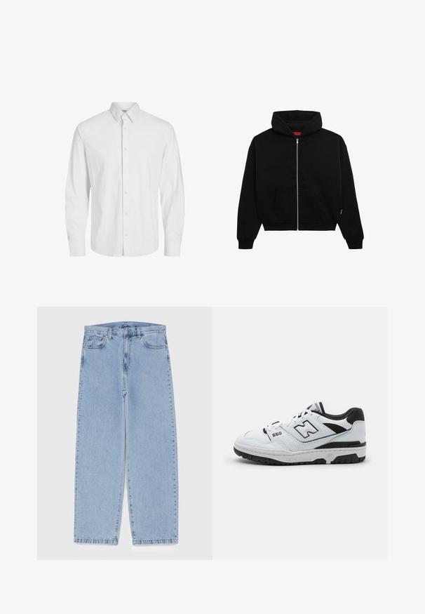 Sort zip-up hoodie lavet af blødt stof, med en frontlomme, ribbede manchetter og en hætte med snørre. Ingen synlige mønstre eller accenter.; Hvid langærmet skjorte lavet af bomuld, med knap-ned krave, frontplacket med knapper og uden synlige mønstre eller dekorationer.; Lyseblå denimjeans med straight leg-design, der har en mid-rise talje, fem lommer og en lukning med knap og lynlås.; Hvide lavtop sneakers med sorte accenter, overdel i læder og mesh, perforerede detaljer, polstret krave og tyk gummisål. Model 550.