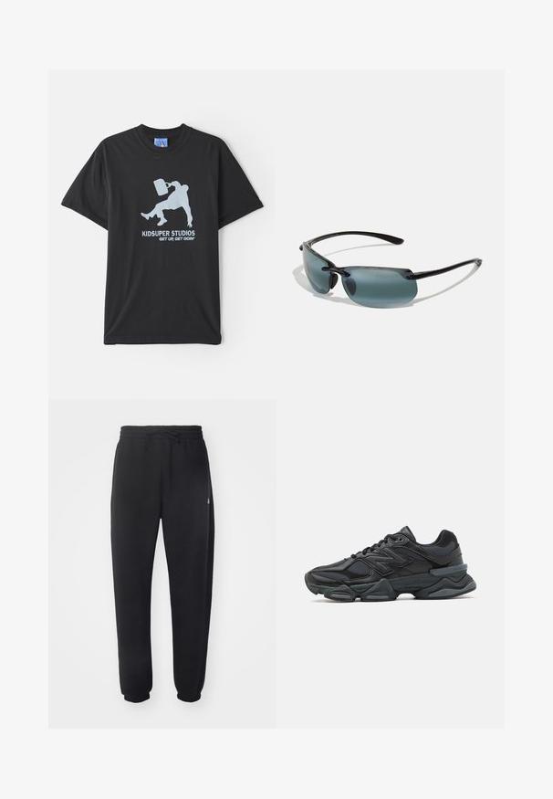 Sort zip-up hoodie lavet af blødt stof, med en frontlomme, ribbede manchetter og en hætte med snørre. Ingen synlige mønstre eller accenter.; Sort bomulds T-shirt med korte ærmer, prydet med et lysblåt grafisk motiv af en person, der holder en aktetaske, og teksten "KIDSUPER STUDIOS GET UP, GET GOIN'."; Sorte sweatpants lavet af blødt materiale med elastisk talje, snore og indsnævrede manchetter, med et diskret logo på siden.; Sorte løbesko med en blanding af mesh og syntetiske materialer, kraftig sål, buet design og fremtrædende branding på siden.; Solenbriller med sort stel, grå tonede linser og et slankt design. Har bølgede kanter og tynde arme for et let udseende.