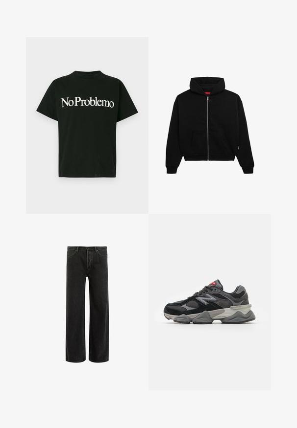 Black zip-up hoodie made of soft fabric, featuring a front pocket, ribbed cuffs, and a drawstring hood. No visible patterns or accents.; Black short-sleeve T-shirt with white text "No Problemo" centered on the front against a plain light background.; Black denim wide-leg jeans with a high waist, featuring classic five-pocket design, and subtle fading for a textured appearance.; Black and gray sneaker with a mix of suede and mesh materials, thick sole, prominent logo, and red accent on the tongue.