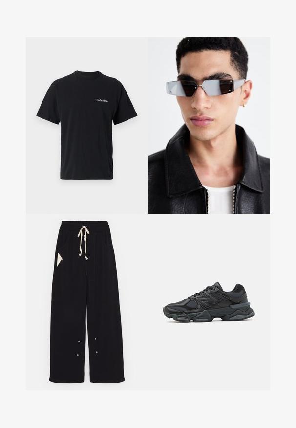 Musta vetoketjullinen huppari, joka on valmistettu pehmeästä kankaasta. Siinä on etutasku, ribbireunat hihansuissa ja kiristettävä huppu. Ei näkyviä kuvioita tai koristeita.; Mustat puuvillapaita, jossa on pyöreä kaula-aukko ja lyhyet hihat. Vasemmassa rinnassa on valkoinen teksti "No Problemo".; Mustat leveälahkeiset housut pehmeästä kankaasta, joissa on naru vyötäröllä, sivutaskut ja kolmionmuotoinen korostustasku. Mukana hopeiset yksityiskohdat.; Musta juoksukenkä, jossa on yhdistelmä verkko- ja synteettisiä materiaaleja, paksu pohja, kaareva muotoilu ja näkyvä brändäys sivussa.; Kuluneet harmaan sävyiset aurinkolasit, joissa on hopeiset yksityiskohdat, vaaleaa taustaa vasten. Linssit ovat ainutlaatuisen geometrisen muotoiset.