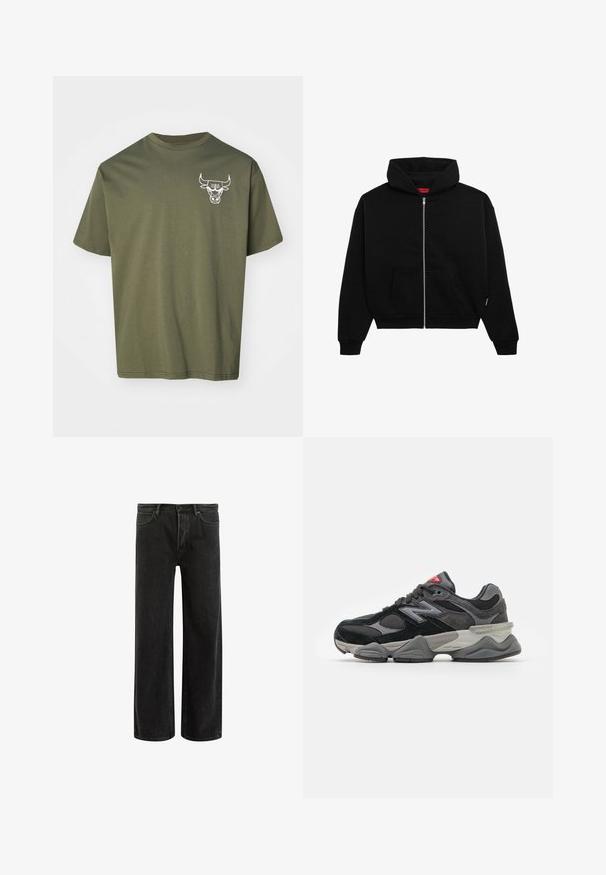 Svart zip-up hettegenser laget av mykt stoff, med en frontlomme, ribbestrikkede mansjetter og hette med snøring. Ingen synlige mønstre eller detaljer.; Oliven grønn bomulls T-skjorte med korte ermer, rund hals og hvit okse-logo trykket på venstre bryst. Glatt tekstur, avslappet passform.; Svarte denim vide bukser med høyt liv, med klassisk fem-lomme design og subtil bleking for en teksturert utseende.; Svarte og grå joggesko med en blanding av semsket skinn og mesh-materialer, tykk såle, fremtredende logo, og rød detalj på tungen.