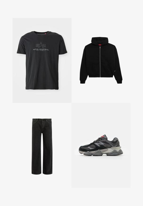 Sort zip-up hoodie lavet af blødt stof, med en frontlomme, ribbede manchetter og en hætte med snørre. Ingen synlige mønstre eller accenter.; Sort bomuld crew neck t-shirt med en tekstureret logo-print med ordene "ALPHA INDUSTRIES" og et trekantet design i midten.; Sorte denim bredde ben jeans med høj talje, med klassisk fem-lomme design og subtil falmning for et tekstureret udseende.; Sort og grå sneakers med en kombination af ruskind og mesh-materialer, tyk sål, fremtrædende logo og rød accent på tungen.