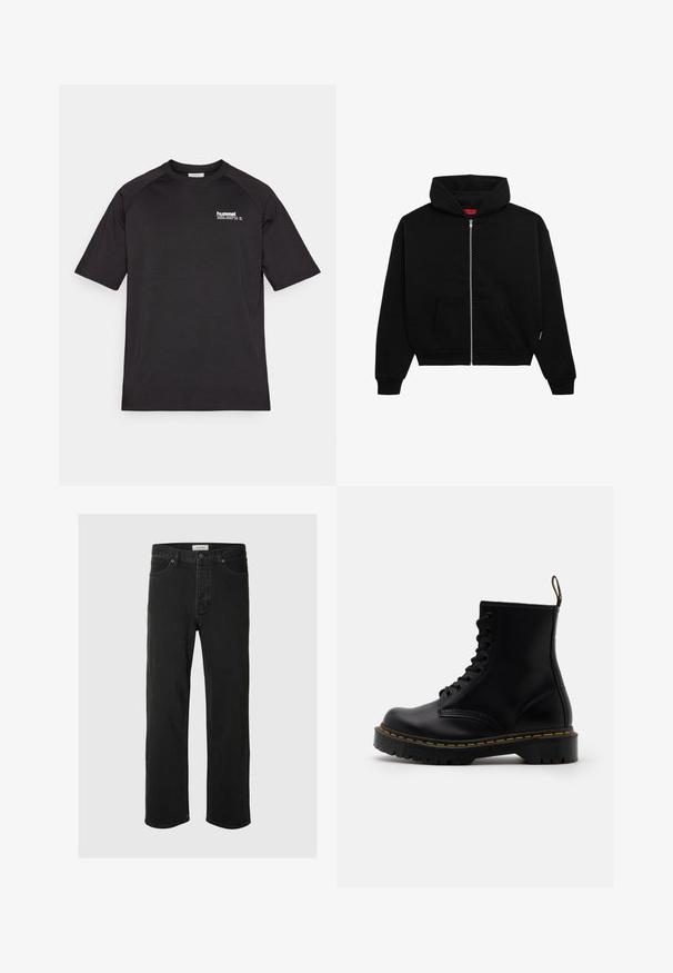 Svart zip-up hettegenser laget av mykt stoff, med en frontlomme, ribbestrikkede mansjetter og hette med snøring. Ingen synlige mønstre eller detaljer.; Svart t-skjorte med korte ermer laget av mykt stoff, med en hvit 'hummel'-logo på venstre bryst og raglan-ermer.; Svarte denimjeans med rett ben har et klassisk fem-lommers design, knappestengning, minimal søm og en myk tekstur.; Svarte skinnankler med snøring foran, gule sømmer, rund tå og en tykk, teksturert gummisåle.