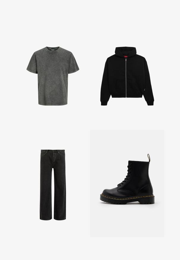 Fekete, cipzáras kapucnis pulóver, puha anyagból készült, elülső zsebbel, bordás mandzsettával és húzókával ellátott kapucnival. Nincs rajta látható minta vagy díszítés.; Rövid ujjú póló megfakult sötétszürke színben, puha anyagból, kerek nyakkal és laza szabással. Sima textúra, minta nélkül.; Fekete farmerszövet, bő szárú nadrág magas derékkal, klasszikus ötpocket kivitelben, és finom kopással a texturált megjelenés érdekében.; Fekete bőrből készült bokacsizma, fűzős elülső része, sárga varrása, kerek orra és vastag, textúrált gumitalpa van.