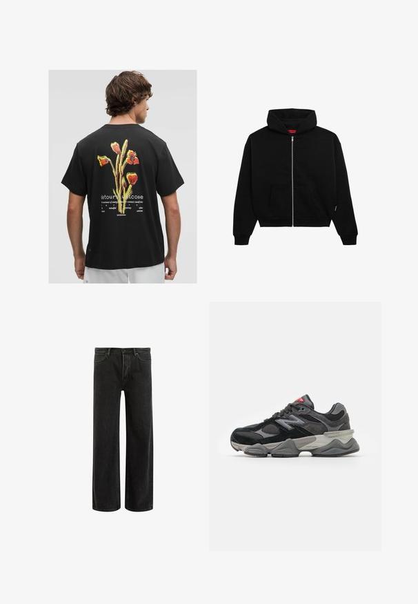 Crna zip majica od mekanog materijala, s prednjim džepom, rebrastim manžetama i kapuljačom s vezicom. Nema vidljivih uzoraka ili akcenata.; Crna pamučna majica s šarenim cvjetnim grafičkim uzorkom na leđima, s bijelim natpisom ispod, i okruglim izrezom. Kratki rukavi.; Crne traperice s širokim nogavicama i visokim strukom, s klasičnim dizajnom pet džepova i suptilnim izbljeđenjem za teksturirani izgled.; Crne i sive tenisice s kombinacijom antilopa i mrežastih materijala, debelim đonom, istaknutim logotipom i crvenim naglaskom na jeziku.
