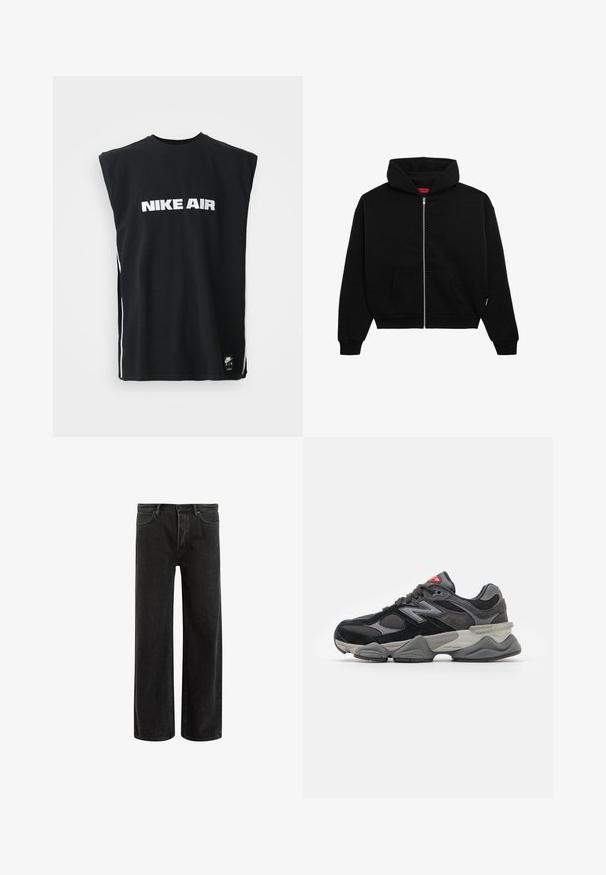 Svart zip-up hettegenser laget av mykt stoff, med en frontlomme, ribbestrikkede mansjetter og hette med snøring. Ingen synlige mønstre eller detaljer.; Svart, ermeløs Nike Air-trøye med hvit logotekst sentrert på brystet og liten svart Nike Air-lapp nær bunnsømmen.; Svarte denim vide bukser med høyt liv, med klassisk fem-lomme design og subtil bleking for en teksturert utseende.; Svarte og grå joggesko med en blanding av semsket skinn og mesh-materialer, tykk såle, fremtredende logo, og rød detalj på tungen.