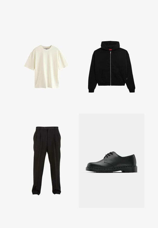 Svart zip-up hoodie i mjukt material, med en framficka, ribbade ärmslut och en huva med dragsko. Inga synliga mönster eller detaljer.; Kortärmad t-shirt i off-white bomull, med rund halsringning och avslappnad passform, med en mjuk textur och inga synliga mönster eller detaljer.; Svarta byxor i en slät tygkvalitet, med framfickor, en knapp i midjan och avsmalnande ankleder. Klassisk skräddarsydd silhuett.; Svart lädersko i oxford-stil med snörningsdesign, rund tå, platt gummisula och subtila sömdetaljer längs ovandelen.