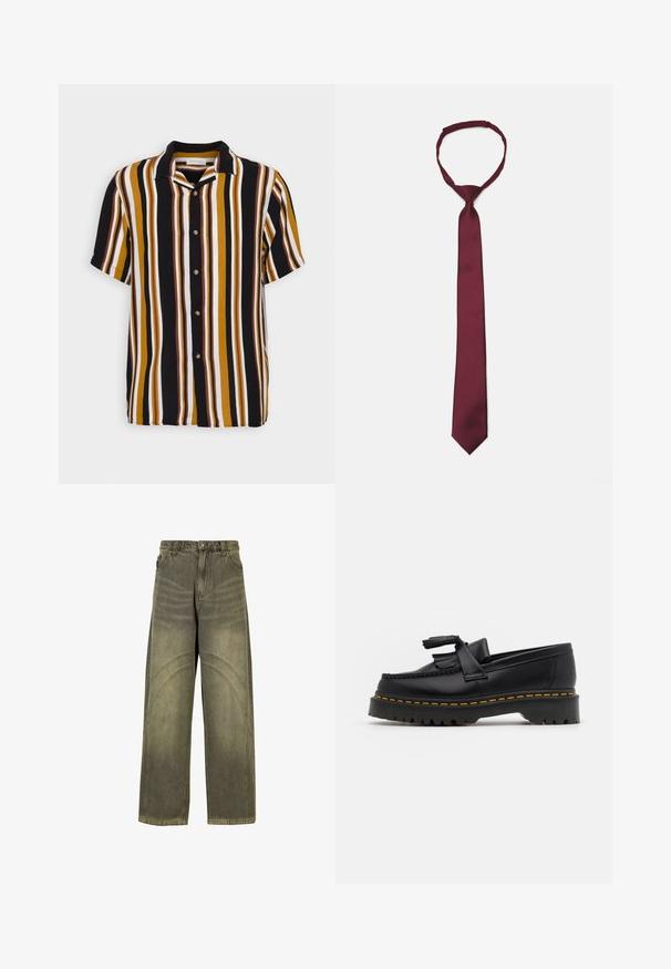 adidas Originals FBIRD - Mikina so zipsom - mineral green; Pruhovaná košeľa s krátkym rukávom s vertikálnymi pruhmi v žltej, hnedej, čiernej a bielej farbe, klasickým golierom a drevenými gombíkmi.; Džíny s širokými nohavicami v olivovo zelenej džínsovine, s výraznými prešitými švami, klasickým gombíkovým zapínaním a so vyblednutým povrchom.; Čierne kožené loafre s detailom na strapcoch, s masívnou čiernou podrážkou a žltým prešitím pozdĺž okraja. S textúrovaným povrchom.; Bordová saténová kravata s hladkým povrchom, úzkou šírkou a špicatým koncom; obsahuje slučku pre jednoduché nosenie.