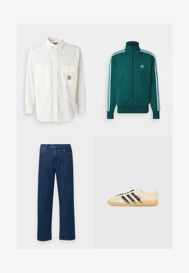 adidas Originals FBIRD - Lukuga pusa - mineral green; Valge puuvillane särk, millel on pikad varrukad, klassikaline krae, kaks esist pocketit ja Carhartt logo pilt.; Tumedat sinised sirged teksapüksid esikottide ja nupuklõpsuga, esitatud helesinisel taustal.; Kerge kreemjasneaker mustade kolme triibuga disainiga, tekstureeritud ülemine osa, ümar varvas ja kummitald. Omab paelu ja brändimist külgedel.