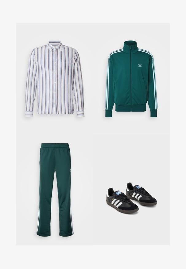 adidas Originals FBIRD - Mikina so zipsom - mineral green; Pruhovaná košeľa s dlhým rukávom s modulovanými modrými, bielymi a sivými pruhmi. Predné zapínanie na gombíky, jedna náprsní vrecko a zelený vyšitý detail.; Tmavo zelené športové nohavice s textúrovanou tkaninou, elastickým pásom a bielymi bočnými pruhmi. Logo potlačené v blízkosti horného ľavého predného dielu.; Čierne tenisky so zvrškom z semišu a syntetického materiálu, s tromi bielymi pruhmi, štruktúrovanou gumovou podrážkou a modrou logovou etiketou na jazyku.