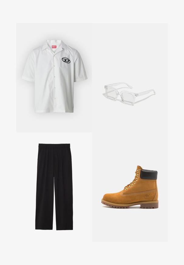 adidas Originals FBIRD - Sweater met rits - mineral green; Wit katoenen overhemd met korte mouwen en kraag, voorzien van een zwart geborduurd logo aan de linkerkant en knoopsluiting.; Wit katoenen t-shirt met lange mouwen, ronde hals en geribbelde manchetten. Eenvoudig, onopgesmukt ontwerp met een gladde textuur en een standaard pasvorm.; Zwarte wijde broek met geplooide voorkant, zijzakken en een gladde stoftextuur. Ontworpen voor een ontspannen pasvorm.; Tan suède enkelboot met zwart gevoerd kraagje, gouden metalen oogjes, witte stikdetails en een robuuste rubberen zool met uitgesproken profiel.; Heldere rechthoekige zonnebril met een dikke plastic montuur, voorzien van licht getinte lenzen en zonder extra patronen of accenten.; Set van vijf zilveren ringen met verschillende ontwerpen: een kettingpatroon, een gladde band, een stippenband en opengewerkte accenten.