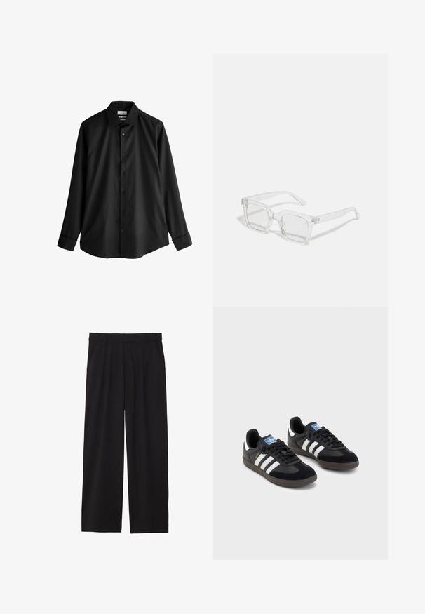 adidas Originals FBIRD - Sudadera con cremallera - mineral green; Camisa de botones negra de manga larga con un cuello estructurado, que presenta una textura lisa y elegante, y seis botones a juego en el frente.; Pantalones de pierna ancha negros con frente plisado, bolsillos laterales y una textura de tela suave. Diseñados para un ajuste relajado.; Zapatillas negras con un upper de ante y sintético, con tres rayas blancas, suela de goma texturizada y etiqueta de logo azul en la lengüeta.; Gafas de sol rectangulares transparentes con un marco de plástico grueso, que presentan lentes ligeramente tintados y sin patrones o acentos adicionales.; Corbata de satén burdeos con una textura suave, de ancho estrecho y punta afilada; cuenta con un lazo para fácil uso.; Conjunto de cinco anillos de plata con diversos diseños: un patrón de cadena, una banda lisa, una banda con puntos y acentos de calado.
