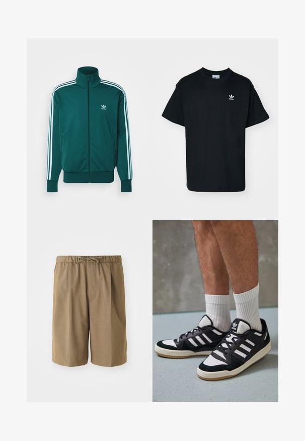 adidas Originals FBIRD - Sweatjakke - mineral green; Sorte bomulds T-shirt med rund hals og korte ærmer, prydet med et lille hvidt Adidas-logo på venstre brystområde.; Brune plisserede shorts med elastisk talje og justerbar snor. Lavet af et glat, let stof med lige ben.; Sorte og hvide sneakers med en overdel i ruskind og læder, der har tre hvide striber, en perforeret tå og en sål i gummigummi.