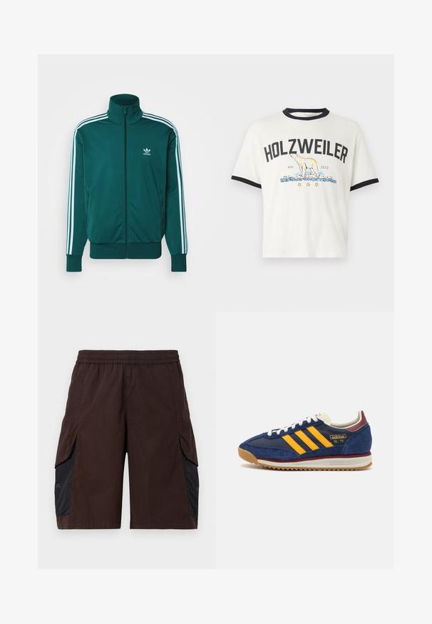 adidas Originals FBIRD UNISEX ciemnozielony; Biała koszulka z czarnym kołnierzykiem i rękawami, z napisem "HOLZWEILER", grafiką polarnego niedźwiedzia oraz gwiazdami w niebieskich i żółtych akcentach.; Brązowe szorty z elastycznym pasem, z czarnymi bocznymi panelami i kieszeniami wsuwanymi. Materiał wydaje się lekki o gładkiej fakturze.; Granatowe zamszowe sneakersy z żółtymi paskami, białymi sznurowadłami i burgundowymi akcentami. Teksturowana podeszwa z rowkami zapewniającymi przyczepność. Logo marki na boku.