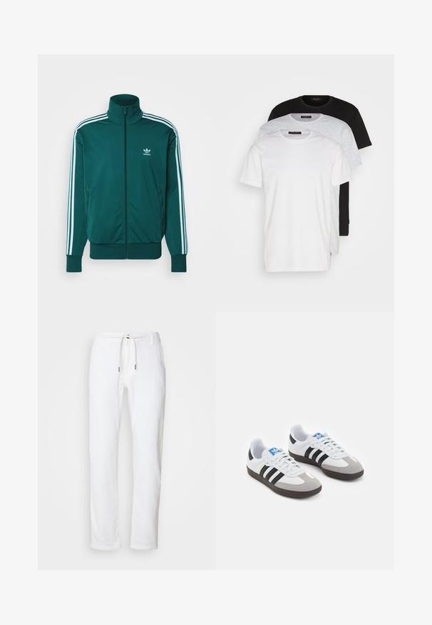 adidas Originals FBIRD - Vetoketjullinen college - mineral green; Kolme crew neck t-paitaa valkoisena, vaaleanharmaana ja mustana. Valmistettu pehmeästä puuvillasta, jossa on lyhyet hihat ja rento malli.; Valkoiset pellavahousut rentoa istuvuutta, kiristettävä vyötärö ja hienovarainen tekstuuri. Ominaisuuksiin kuuluvat suorat lahkeet ja metalliset kärjet kiristysnarussa.; Urheilukengät, joissa on valkoinen nahkainen päällinen, harmaa mokkanokka ja kolme mustaa raitaa. Ominaisuuksina sininen logo kielekkeessä ja kuvioitu kumipohja.