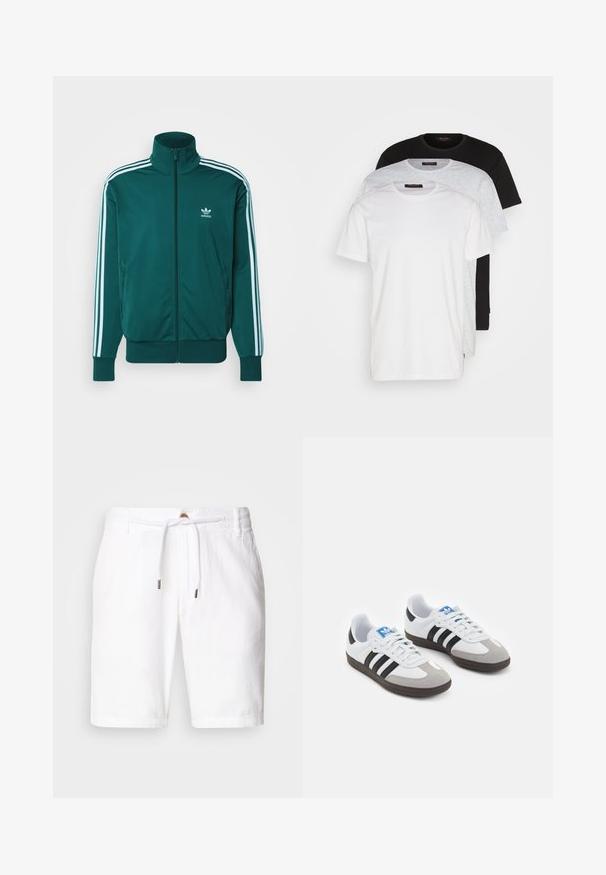 adidas Originals FBIRD - Vetoketjullinen college - mineral green; Kolme crew neck t-paitaa valkoisena, vaaleanharmaana ja mustana. Valmistettu pehmeästä puuvillasta, jossa on lyhyet hihat ja rento malli.; Valkoiset pellavashortsit, joissa on joustava vyötärö ja nyörikiinnitys, rento malli. Tasainen pinta, ei näkyviä kuvioita.; Urheilukengät, joissa on valkoinen nahkainen päällinen, harmaa mokkanokka ja kolme mustaa raitaa. Ominaisuuksina sininen logo kielekkeessä ja kuvioitu kumipohja.