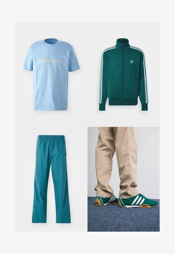 adidas Originals FBIRD - Sweatjakke - mineral green; Lys blå bomulls t-skjorte med rund hals og korte ermer. Viser "carhartt"-logoen i hvitt over brystet.; Tealfargede bukser laget av lett stoff, med elastisk midjebånd og rett snitt med sidelommer.; Grønne quiltede sneakers med hvide striber og brune gummisåler, parret med beige bukser. Designet har en lav profil og tekstureret materiale.