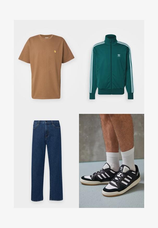 adidas Originals FBIRD - Mikina na zip - mineral green; Carhartt WIP CHASE - Jednoduché tričko - chocolate/gold; Tmavě modré džíny s rovnými nohavicemi, předními kapsami a zapínáním na knoflík, vystavené na jednoduchém bílém pozadí.; Černobílé tenisky s vrchní částí z semišové a kožené kůže, včetně tří bílých pruhů, perforovaného špičky a podrážky z gumy.
