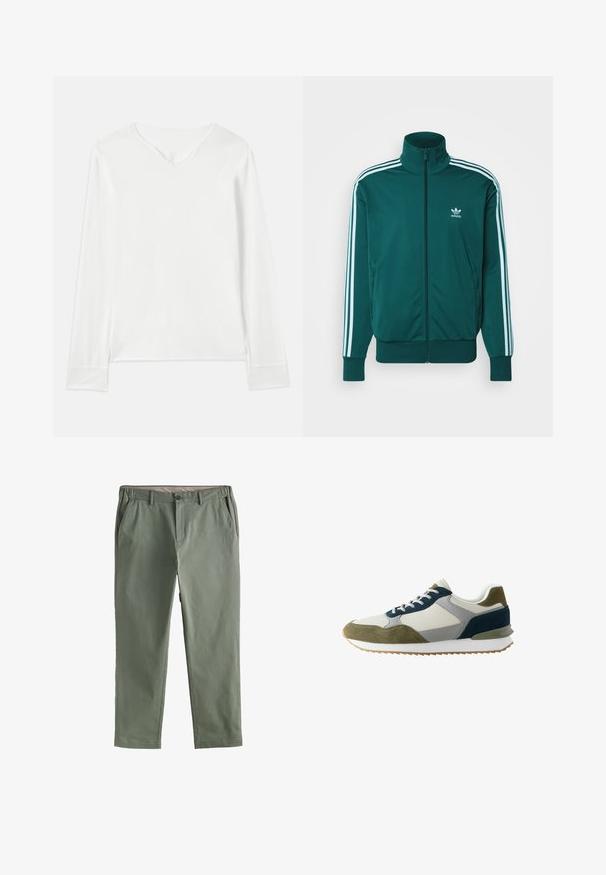 adidas Originals FBIRD - Mikina na zip - mineral green; Bílý dlouhý rukáv s výstřihem do V, měkkou texturou a bočními rozparky. Má jednoduchý design bez výzdoby či vzorů.; Světle olivově zelené kalhoty rovného střihu vyrobené z měkké tkaniny. Obsahují dvě přední kapsy, uzávěr na knoflík a hladký pas.; Tenisky s kombinací šedé síťoviny a zelené semišové kůže, modré akcenty, bílá mezipodešev a hnědá gumová podešev. Design na šněrování.