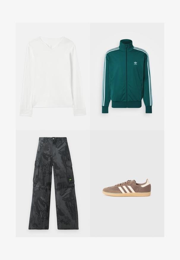 adidas Originals FBIRD - Sweater met rits - mineral green; Witte long sleeve top met een V-hals, zachte textuur en zijinsneden. Heeft een eenvoudig ontwerp zonder versieringen of patronen.; Zwarte cargo-broeken met een gestructureerd, donker patroon. Voorzien van meerdere zijzakken en een klein groen logo-accent aan de voorkant.; Bruine textielsneakers met drie witte strepen, suède en gaastextuur, rubberen zool, laag profiel ontwerp en subtiele accenten op de hiel.