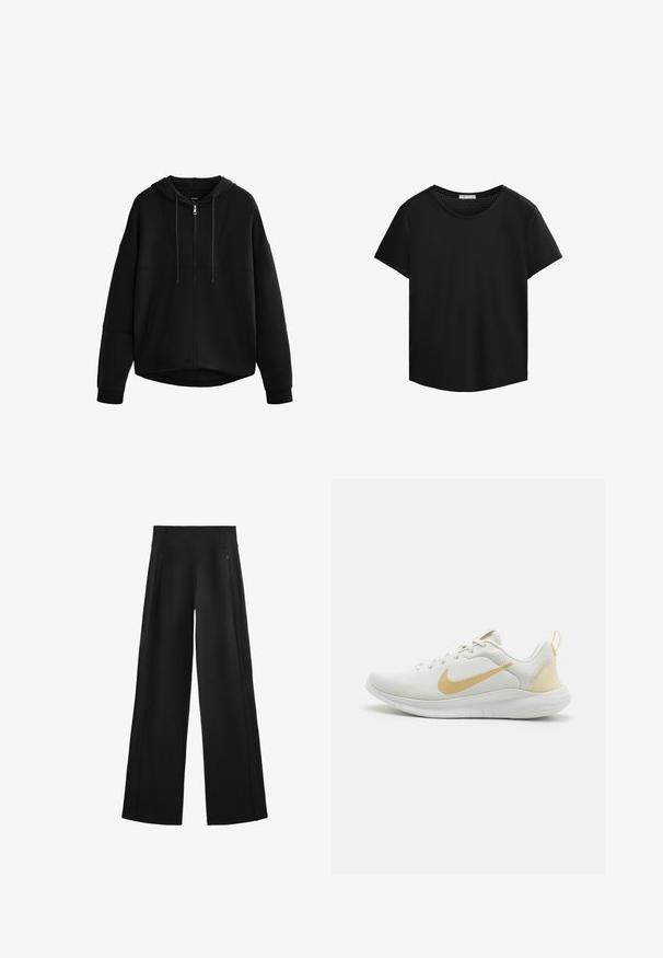 Black zip-up hoodie with a lined hood, drop shoulders, and side pockets; made from soft fabric with a smooth texture and minimal seams.; Black short-sleeved T-shirt with a round neckline and perforated mesh detailing on the shoulders. Smooth fabric, relaxed fit, curved hem.; Wide-leg black pants made of a soft fabric, featuring a high waistband and two zippered pockets, with subtle seams along the sides.; White athletic shoe with a textured mesh upper, gold accents, and a flexible sole. Features a pull tab at the heel for easy wear.