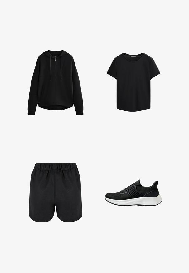 Musta vetoketjuhuppari vuoratulla hupulla, laskeutuvilla olkapäillä ja sivutaskuilla; valmistettu pehmeästä kankaasta, joka on sileää ja jossa on vähän saumoja.; Mustat lyhythihaiset T-paidat, joissa on pyöreä pääntie ja rei'itetty verkko-ominaisuus olkapäillä. Suuri kangas, rento istuvuus, kaareva helma.; Mustat shortsit, joissa on joustava vyötärönauha. Pehmeä kangas, yksinkertainen muotoilu ja hieman kaareva helma alareunassa. Ei näkyviä kuvioita tai logoja.; Mustat urheilukengät, joissa on karhea kangaspinta, nauhakiinnitys ja valkoinen välipohja. Ominaisuuksia ovat matala profiili ja kaareva pohjamuotoilu.