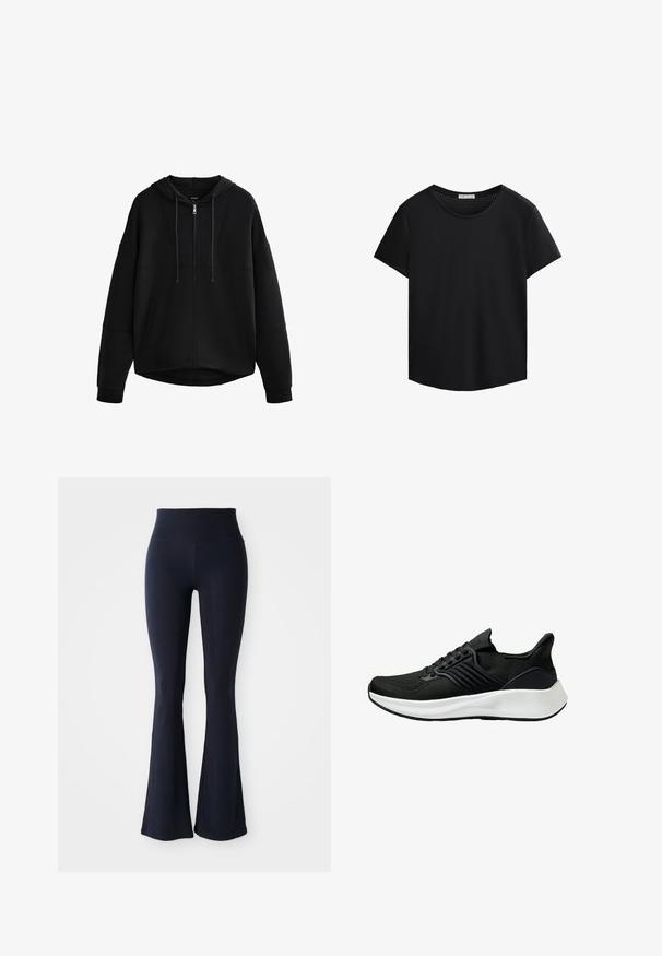 Musta vetoketjuhuppari vuoratulla hupulla, laskeutuvilla olkapäillä ja sivutaskuilla; valmistettu pehmeästä kankaasta, joka on sileää ja jossa on vähän saumoja.; Mustat lyhythihaiset T-paidat, joissa on pyöreä pääntie ja rei'itetty verkko-ominaisuus olkapäillä. Suuri kangas, rento istuvuus, kaareva helma.; Tummansininen väljä legginssit, jotka on valmistettu joustavasta materiaalista ja joissa on korkea vyötärö. Suora rakenne ja yksivärinen, ei näkyviä kuvioita tai yksityiskohtia.; Mustat urheilukengät, joissa on karhea kangaspinta, nauhakiinnitys ja valkoinen välipohja. Ominaisuuksia ovat matala profiili ja kaareva pohjamuotoilu.