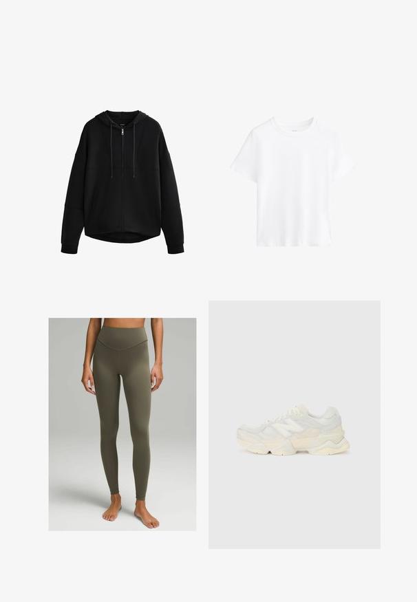 Čierna mikina na zips s podšívkou kapucňou, so spadlými ramenami a bočnými vreckami; vyrobená z mäkkej tkaniny s hladkou textúrou a minimálnymi švami.; Biela bavlnená tričko, krátke rukávy, kulatý výstrih, voľný strih, hladká textúra, žiadne vzory ani akcenty, jednoduchý dizajn, všestranný štýl.; Vysoké legíny v olivovej zelenej farbe, vyrobené z hladkej, elastickej textílie. Majú priliehavý strih s jemným švom pozdĺž pásu.; Ľahká teniska s vrchom z nylonovej sieťoviny a zamatovej kože v jemných krémových odtieňoch, so robustnou podrážkou a trojrozmernými akcentmi.