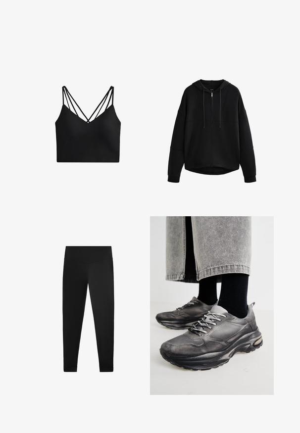 Črna zip-up kapuca z obloženim kozjim delom, spuštenimi rameni in stranskimi žepi; izdelana iz mehkega blaga z gladko teksturo in minimalnimi šivi.; Črn skrajšan bralet z globokim V-izrezom, ki ima dva para tankih naramnic, ki ustvarjata križni vzorec na hrbtu. Gladek tekstil.; Črne legice iz gladkega, raztegljivega materiala. Zasnova z visokim pasom z detajli pri gležnjih in brez vidnih vzorcev ali dodatkov.; Črne in sive športne čevlje imajo mrežast zgornji del, debele podplate in vezalke. Imajo zaobljen nos in opazne podrobnosti oblazinjenja.