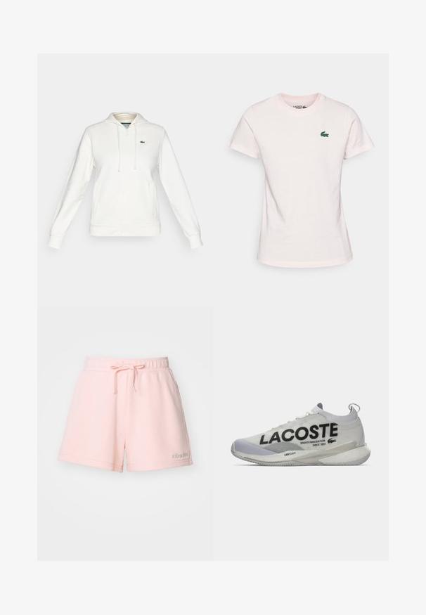Valkoinen vetoketjullinen huppari, jossa etutaskut, nyöritettävä huppu ja pieni vihreä krokotiililogo vasemmassa rinnassa.; Vaaleanpunainen puuvillapaita lyhyillä hihoilla ja pyöreällä kaula-aukolla. Vasemmassa rinnassa pieni vihreä brodeerattu krokotiililogo.; Valkoiset puuvillashortsit, joissa on joustava vyötärö ja nauhakuorma. Hieman ommeltu sauma sivuilla ja hillitty logo brodeerattu helmaan.; Valkoinen ja harmaa Lacoste-tenniskenkä, jossa on sukka-tyylinen kaulus, suuri musta logo-teksti ja pehmustettu pohja, jossa lukee "LSRFOAM" valkoista taustaa vasten.