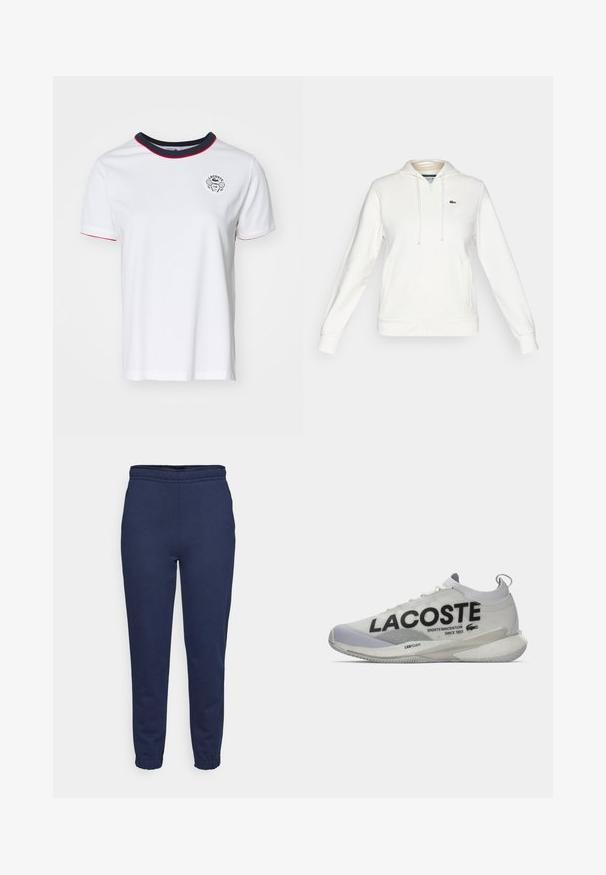 Bela zip-up kapuca s sprednjimi žepi, kapuco s vrvico in majhnim zelenim krokodilom na levi strani prsnega koša.; Bela bombažna majica s krožnim mornarsko modrim ovratnikom, rdečimi robovi in natisnjenim logotipom Lacoste Tennis Club na prsih. Kratki rokavi, običajen kroj.; Temno modri trenirki z elastičnim pasom in manšetami na gležnjih, sprednji pogled, izdelani iz mehkega materiala za sproščeno nošenje.; Bela in siva Lacoste teniska z okovjem podobnim nogavici, velikim črnim logotipom in oblazinjeno podplatom z oznako "LSRFOAM" na beli podlagi.