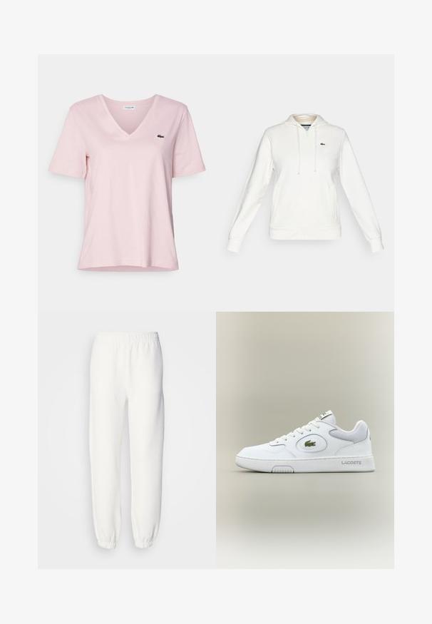 Fehér cipzáros kapucnis pulóver elülső zsebekkel, húzózsinóros kapucnival és egy kis zöld krokodil logóval a bal mellen.; Világos rózsaszín pamut póló V-nyakkal és rövid ujjakkal, a bal mellen egy kis zöld hímzett krokodil logóval.; Fehér melegítőnadrág puha, kötött anyagból. Rugalmas derékpánt és szegélyek lazán illeszkednek. Minimalista dizájn, látható minták vagy díszítések nélkül.; Fehér bőr sneaker hálós részletekkel, kerek orral és lapos fűzőkkel. Zöld krokodil logóval és "LACOSTE" felirattal a saroknál.