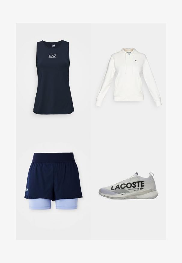 Hvitt zip-up hettegenser med frontlommer, snorhette, og en liten grønn krokodille-logo på venstre bryst.; Marineblå ermeløs treningstopp laget av glatt stoff. Har EA7-logoen i hvitt på brystet. Enkel, tettsittende design.; Marineblå plisserte tennis skjørt med lyseblå, tettsittende shorts under og en bred ribbet midjebånd.; Hvit og grå Lacoste-sneaker med sokk-lignende krage, stor svart logo tekst, og polstret såle merket "LSRFOAM" på hvit bakgrunn.