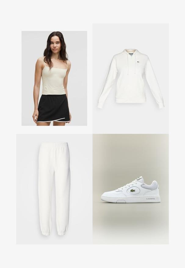Witte hoodie met ritssluiting, voorzakken, een capuchon met trekkoord en een klein groen krokodillenlogo op de linkerkant van de borst.; Lichtgeel spaghettiband topje gecombineerd met een zwarte rok met een gebogen zoom en witte randaccenten. Gladde stoftextuur.; Witte sweatpants van zacht, gebreid materiaal. De elastische tailleband en boorden zorgen voor een ontspannen pasvorm. Minimalistisch ontwerp, zonder zichtbare patronen of accenten.; Witte leren sneaker met gaasaccenten, ronde neus en platte veters. Kenmerkt zich door een groen krokodillenlogo en "LACOSTE" branding op de hiel.