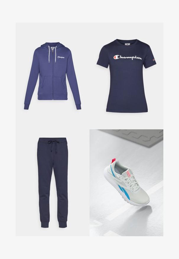 Champion GRAPHIC FULL ZIP HOODIE - Mikina so zipsom - dark blue; Námornícky modré bavlnené tričko s krátkymi rukávmi, s bielym logom "Champion". Štandardný strih s okrúhlym výstrihom a jemnou textúrou.; Champion ICONS RIB CUFF PANTS - Tepláky - dark blue; Biele a modré tenisky Reebok s červeným pútkom sa vznášajú nad lesklou podlahou s blízkym šedým gumovým kobercom.