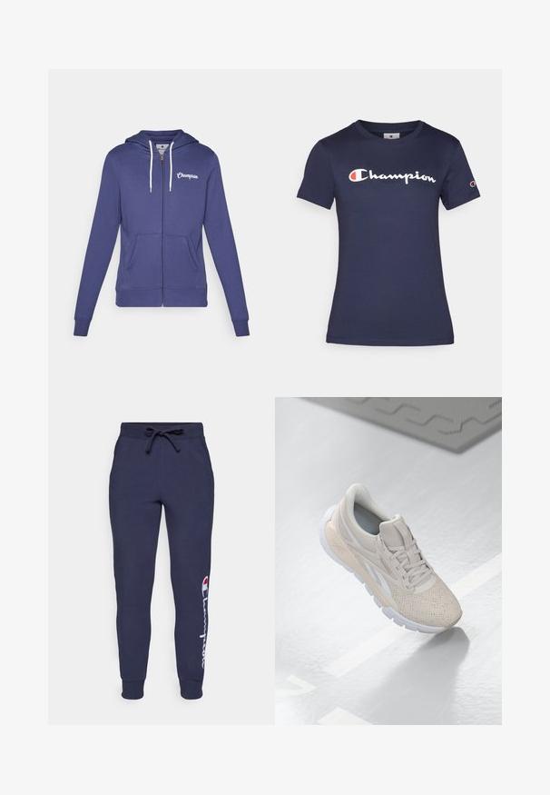 Champion GRAPHIC FULL ZIP HOODIE - Zip-up sweatshirt - dark blue; Navy blue cotton t-shirt with short sleeves, featuring a white "Champion" logo. Regular fit with a crew neck and soft texture.; Navy blue sweatpants with a drawstring waist, elastic cuffs, and a white Champion logo design along the left leg. Soft cotton blend material.; Light beige athletic shoe with a perforated upper, textured accents, padded collar, and white rubber sole, designed for comfort and breathability.