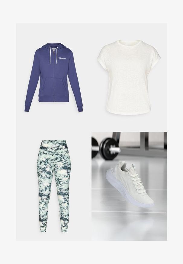 Champion GRAPHIC FULL ZIP HOODIE - Užtrauktuku užsegamas treningas - dark blue; Balta trumpų rankovių marškinėliai su tekstūruotu gėlių raštu, apvaliu iškirpimu ir laisvu siluetu. Pagaminti iš minkštos, lengvos medžiagos.; Aukštakulnės legging'ės su daugiabriaunio marmuro raštu; turi lygią tekstūrą ir prigludusią siluetą, užtikrinantį sraigtinę paramą.; Balti sportiniai batai su tekstūruota tinklelio viršutine dalimi ir raištelių sistema, turintys paminkštintą baltą pado ir subtilius įdubimus.