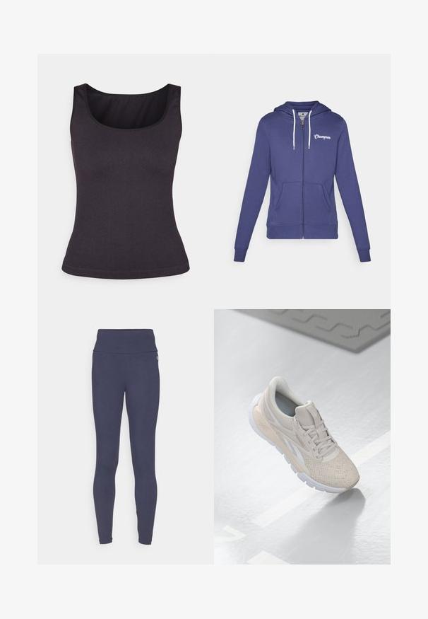 Champion GRAPHIC FULL ZIP HOODIE - Cipzáras pulóver - dark blue; Sötét szürke bordázott ujjatlan felső, mély kivágással és vékony pántokkal, testre szabott kialakítással és sima textúrával.; Tengerészkék leggins magas derekú, puha, rugalmas anyagból készült. Simább felület jellemzi, és bokáig érő fazonban készült.; Világos bézs színű sportcipő perforált felsőrésszel, texturált díszítéssel, párnázott nyakkal és fehér gumitalppal, amely a kényelem és a légáteresztő képesség érdekében készült.