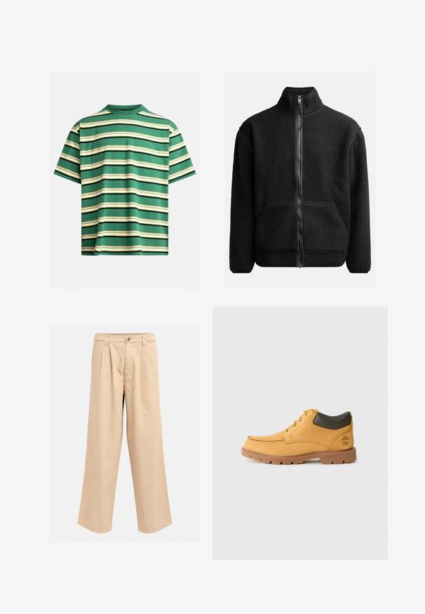 Must tokk vest, millel on kõrge krae, täis eesmine tõmblukk, kaks küljetaskut, tekstuuriga kangas ja mustäär varrukatel ja allääres.; Roheline lühikeste varrukatega T-särk, millel on horisontaalsete triipudega valge, kollane ja must. Valmistatud mugavast kangast klassikalise ümarate kaelustega.; Beežid laiad püksid, mis on valmistatud puuvillast, esifalte, nööbiga sulgemine ja tavalised vööloopid. Sile tekstuur puhta viimistlusega.; Kollane nahast king, millel on pruun kummitald, ümar varvas ja roheline nahast pahkluuri detail. Omab kuldseid silmuseid ja õmblusaktsente.