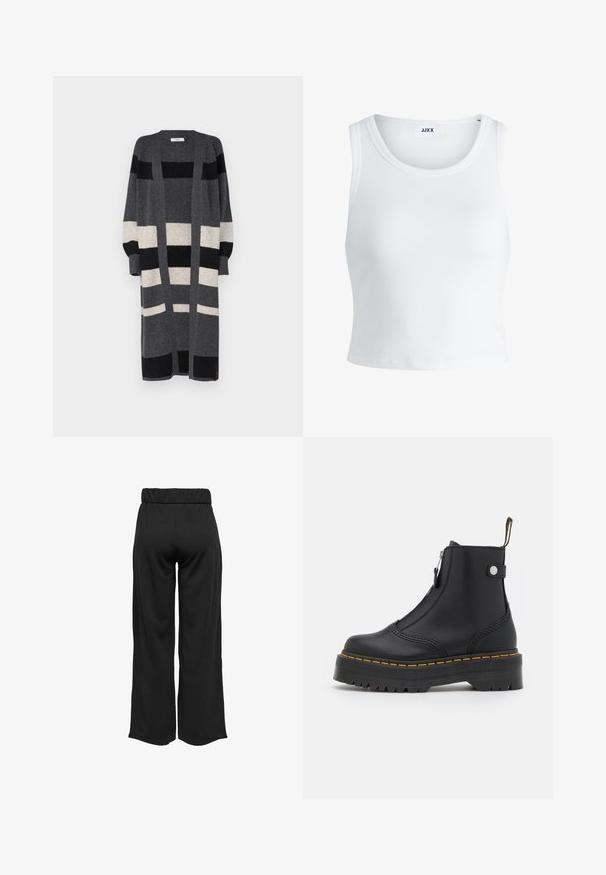 Harmaa pitkä neuletakki, jossa on mustia ja kermaisia pystyraitoja. Ominaisuuksina avonainen etuosa, leveät hihat ja rento istuvuus. Pehmeä rakenne.; Valkoinen ribbattu hihaton toppi, jossa on pyöreä pääntie ja lyhyt malli. Tunnuslukuna lukee "JJXX". Sujuva kangas.; Mustat, leveälahkeiset housut, joissa on joustava vyötärö, valmistettu sileästä kankaasta. Ominaisuuksia ovat puhdas muotoilu ilman taskuja tai näkyviä ompelusaumoja.; Musta nilkkuri, joka on valmistettu sileästä nahasta, ja siinä on sivuvetoketju, keltainen tikkaus sekä paksu, uurrettu kumipohja.