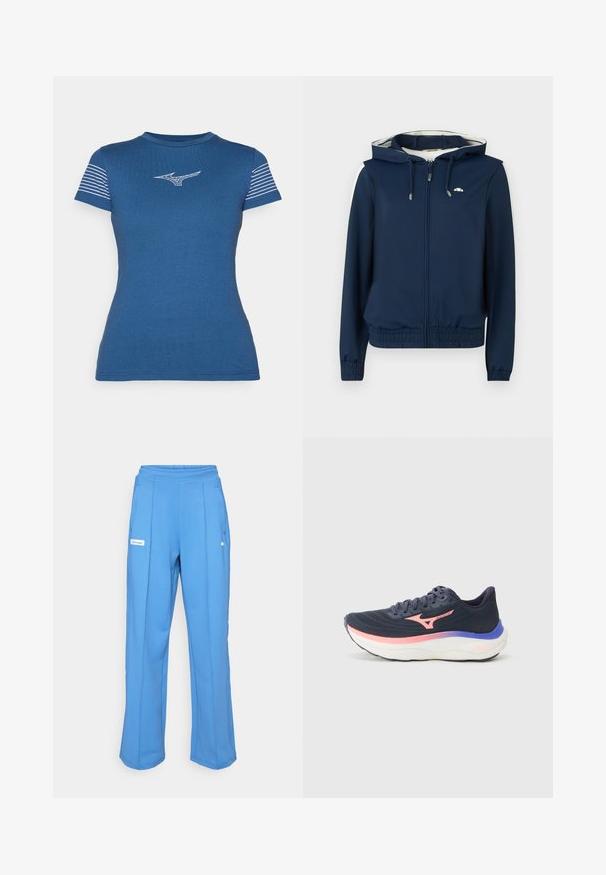 Casaco de capuz azul-marinho com fecho zip, cintura elástica, riscas laterais e capuz ajustável com cordão. Tecido suave, sem padrões.; T-shirt azul ajustada, feita de algodão, com mangas curtas listradas e um logo gráfico branco no peito. Textura suave.; Calças de fato azuis com uma cintura elástica, pernas retas, bolsos laterais e um emblema no lado esquerdo da coxa. Textura de tecido suave e macia.; Sapatilha de corrida navy com parte superior em malha, realces em rosa e roxo, uma entressola branca espessa e sola texturizada para aderência. Detalhes dos atacadores e do logótipo visíveis.