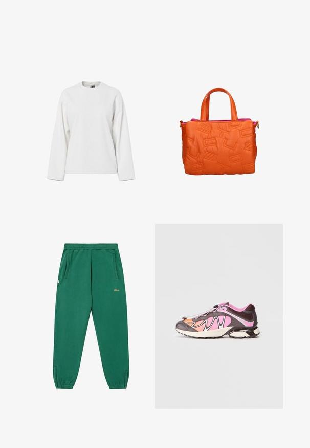 Grüne Zip-Hoodie mit goldfarbenem Logo, Kordelzugkapuze, zwei Fronttaschen und gerippten Bündchen und Saum. Aus weichem Stoff gefertigt.; Weißes Sweatshirt mit langen Ärmeln, runder Ausschnitt, lockerer Passform und weicher Textur. Keine sichtbaren Muster oder Hardware-Details.; Grüne Baumwoll-Jogginghosen mit elastischem Bund, Seitentaschen und goldener Logo-Detail; taillierte Knöchel mit elastischen Bündchen.; Sportliche Schuhe in einer Mischung aus Dunkelbraun, Pink und Orange. Glattes Gewebe und strukturierte Einsätze mit einem schwarzen Verschlusssystem.; Orangefarbene Lederhandtasche mit zwei Griffen, geprägten geometrischen Mustern und sichtbarem pinkfarbenem Futter am oberen Rand.