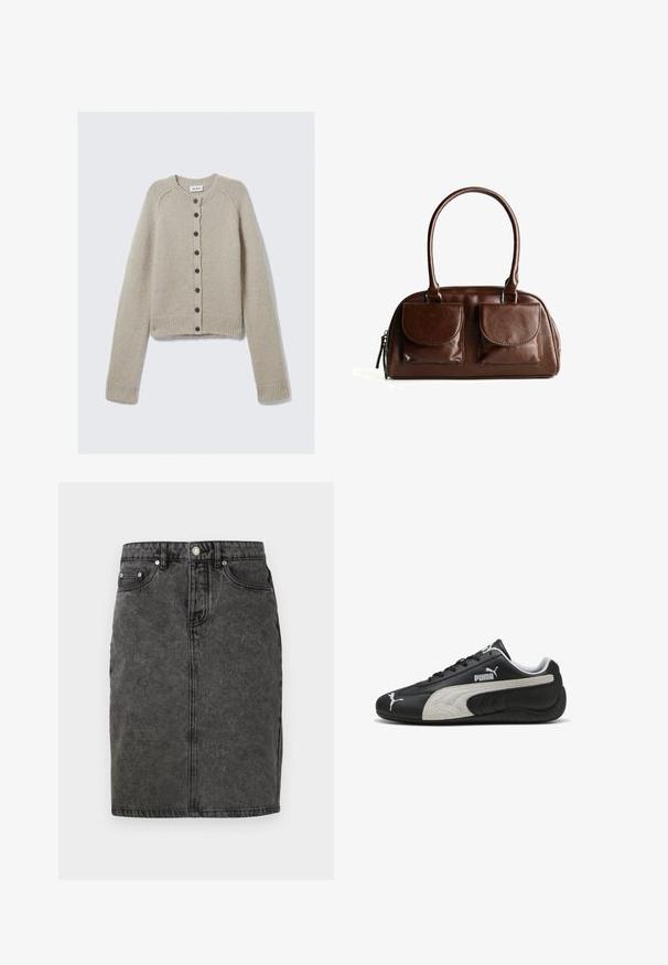 Bež pletena jopica z dolgimi rokavi, okroglim izrezom, rebrastimi manšetami in robom ter osrednjo vrsto črnih gumbov. Oznaka pravi "WEEKDAY."; Svetlo sivi rebrasti brezrokavnik z okroglim izrezom. Ima oprijet kroj in diskretno logo blizu središča. Mehka tekstura.; Črna jeans krilo z ravnim krojem, sprednjim zapiranjem na gumbe, zankami za pas ter z rahlimi odtenki obrabe in dvema stranskima žepoma.; Črne usnjene teniske z strukturirano sivo nubuk usnjeno črto, ki imajo bele logotipne akcentne detajle in vezalni dizajn, okroglo konico ter gumijast podplat.; Rjava usnjena torba z dvema sprednjima žepoma z pokrovom, okroglimi ročaji in zadrgo na strani na belem ozadju.