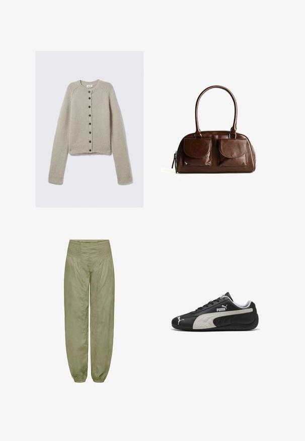 Beige strikket cardigan med lange ærmer, rund hals, ribbede manchetter og kant, samt en central række af sorte knapper. Mærket hedder "WEEKDAY."; Lys grå ribbet tanktop med rund halsudskæring og uden ærmer. Har et tætsiddende design og en diskret logo nær midten. Blød tekstur.; Lys olivengrønne, løstsiddende bukser med en smocket talje og elastiske manchetter; lavet af blødt, tekstureret stof.; Sorte lædersneakers med en struktureret grå ruskindsstripe, prydet med hvide logo-detaljer og snørebåndsdesign, rund tå og gummisål.; Brun læderhåndtaske med to frontklaplommer, runde håndtag og en lynlås på siden mod en hvid baggrund.