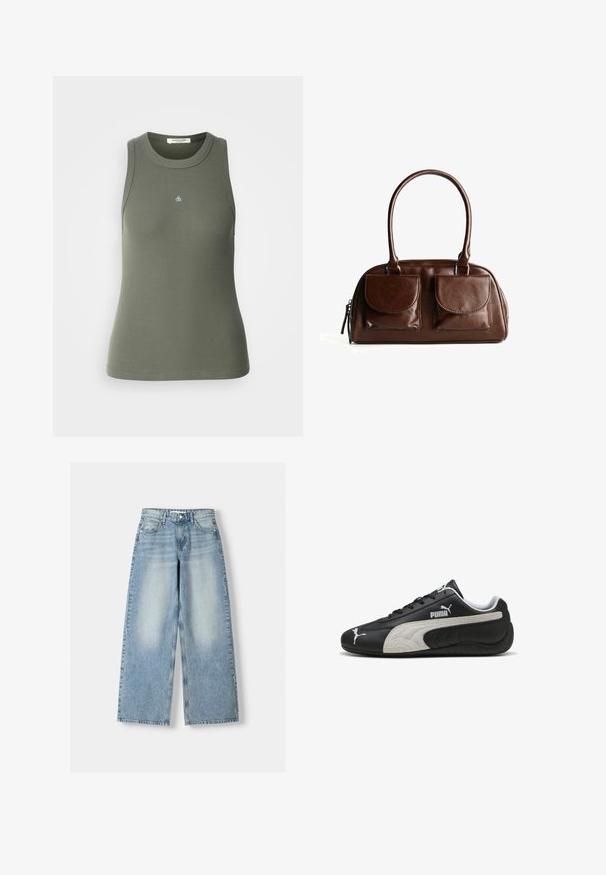 Beige Strickjacke mit langen Ärmeln, Rundhalsausschnitt, gerippten Bündchen und Saum sowie einer mittigen Reihe schwarzer Knöpfe. Das Etikett trägt die Aufschrift "WEEKDAY."; Rippenshirt ohne Ärmel in Olivgrün mit rundem Ausschnitt. Auf der Vorderseite befindet sich ein kleines blaues "&"-Logo. Weicher, dehnbarer Stoff.; Helle blaue, weit geschnittene Jeans mit hoher Taille, mit einem verwaschenen Finish, fünf Taschen und geradem Schnitt.; Schwarze Ledersneaker mit einem strukturierten grauen Wildlederstreifen, weißen Logoakzenten und einem Schnürdesign, runder Zehenform und Gummisohle.; Braune Lederhandtasche mit zwei Vorderklappen, abgerundeten Griffen und einem Reißverschluss an der Seite vor einem weißen Hintergrund.