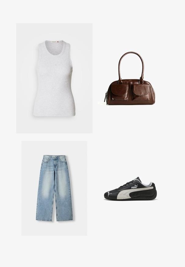 Beige kötött kardigán hosszú ujjakkal, kerek nyakkal, bordás mandzsettákkal és hem, valamint középen fekete gombokkal. A címke felirata: "WEEKDAY."; Világosszürke bordázott ujjatlan top, kerek nyakú kivitelben. Feszes szabású, és diszkrét logó található a középen. Puha tapintású.; Világoskék, széles szárú, magas derekú farmernadrág, enyhén kopott hatással, öt zsebbel és egyenes szabással.; Fekete bőr sportcipők textúrázott szürke velúr csíkkal, fehér logó részletekkel és fűzős kialakítással, kerek orral és gumitalppal.; Barna bőr kézitáska, két elülső hajtókás zsebbel, lekerekített fogantyúkkal és oldalzippel, fehér háttér előtt.