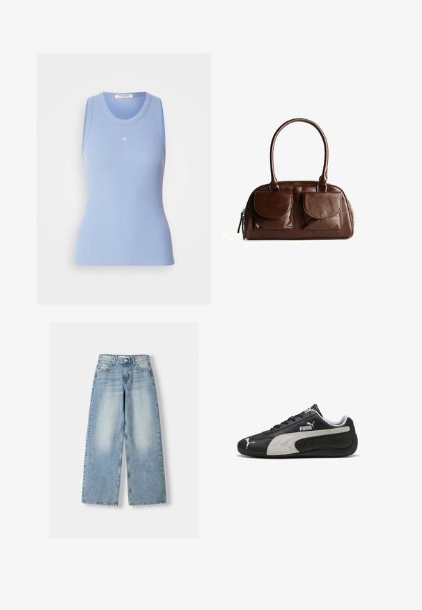 Beige kötött kardigán hosszú ujjakkal, kerek nyakkal, bordás mandzsettákkal és hem, valamint középen fekete gombokkal. A címke felirata: "WEEKDAY."; Világoskék bordázott ujjatlan felső kerek nyakrésszel. Elöl egy kicsi fehér logó található. Sima textúra.; Világoskék, széles szárú, magas derekú farmernadrág, enyhén kopott hatással, öt zsebbel és egyenes szabással.; Fekete bőr sportcipők textúrázott szürke velúr csíkkal, fehér logó részletekkel és fűzős kialakítással, kerek orral és gumitalppal.; Barna bőr kézitáska, két elülső hajtókás zsebbel, lekerekített fogantyúkkal és oldalzippel, fehér háttér előtt.